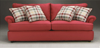 Red sofa with decorative pillows